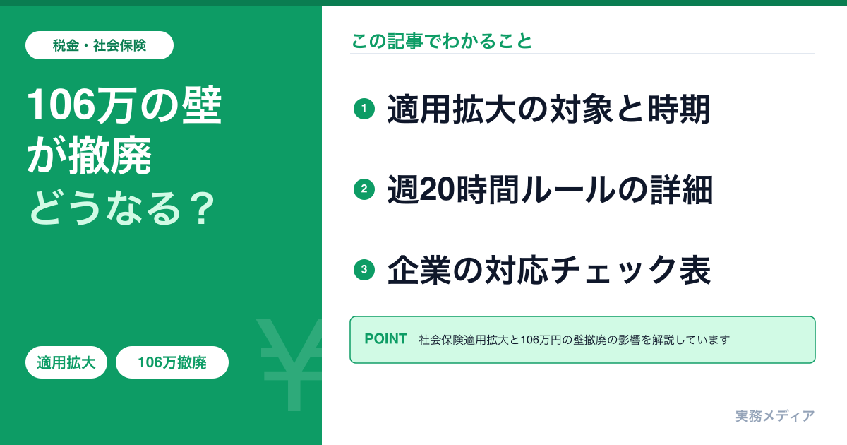 社会保険適用拡大2026年｜106万円の壁撤廃と週20時間ルールを早わかり
