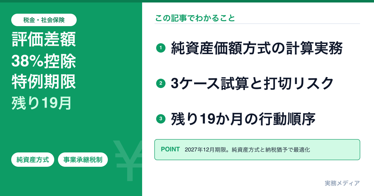 純資産価額方式と事業承継税制の併用実務2026｜評価差額38％控除・特例期限2027年12月までの行動計画と3ケース試算