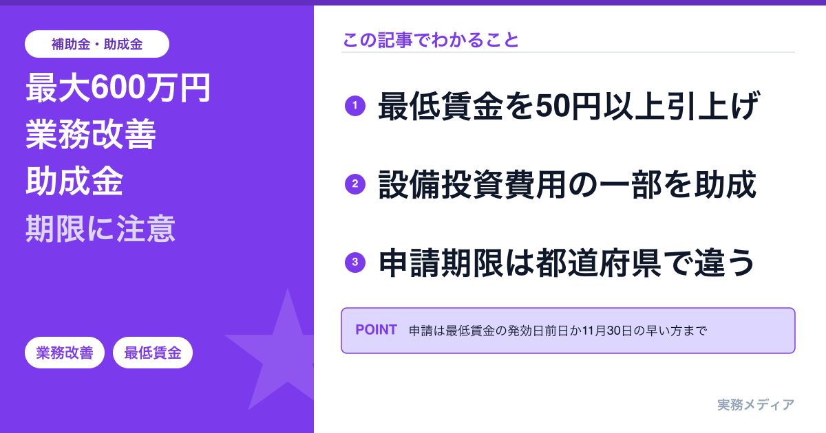 業務改善助成金（令和8年度）｜最低賃金の引上げと設備投資に最大600万円・申請期限は都道府県ごとに違う