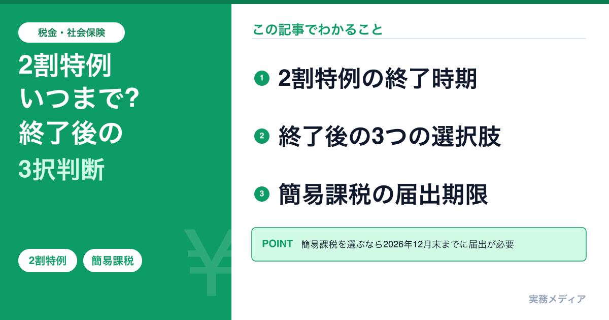 2割特例はいつまで?2026年終了後→3割特例と簡易課税どっち?納税額が1.5倍になる前にやること