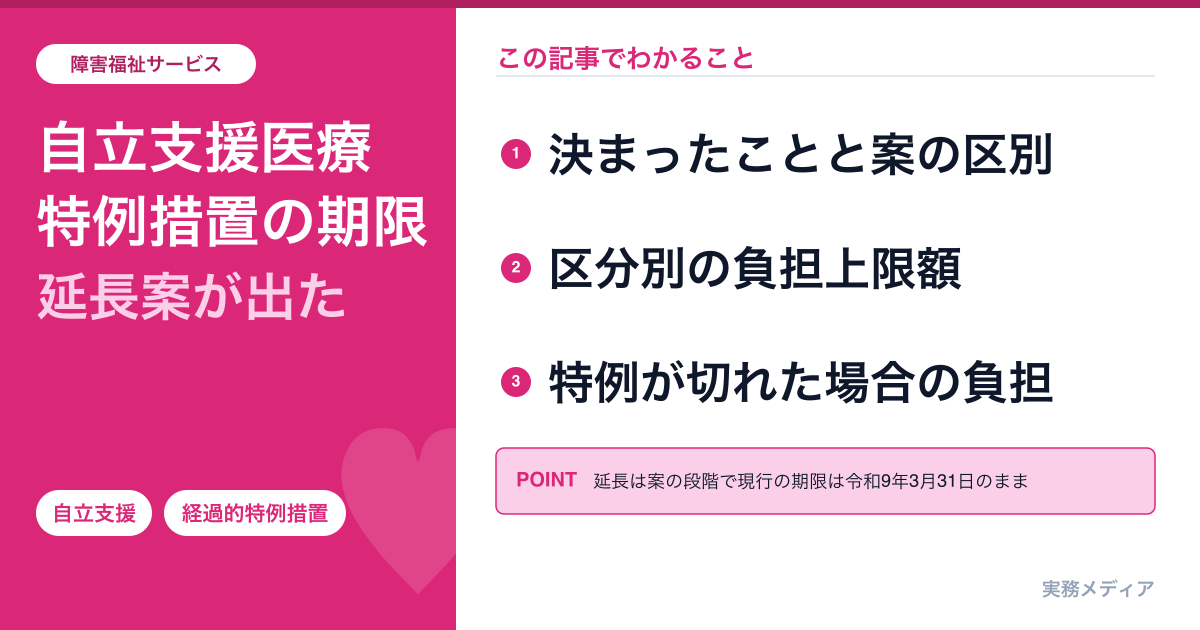 自立支援医療の負担上限額の特例は令和9年3月末まで|延長案(令和12年3月末)と、特例が切れた場合の自己負担