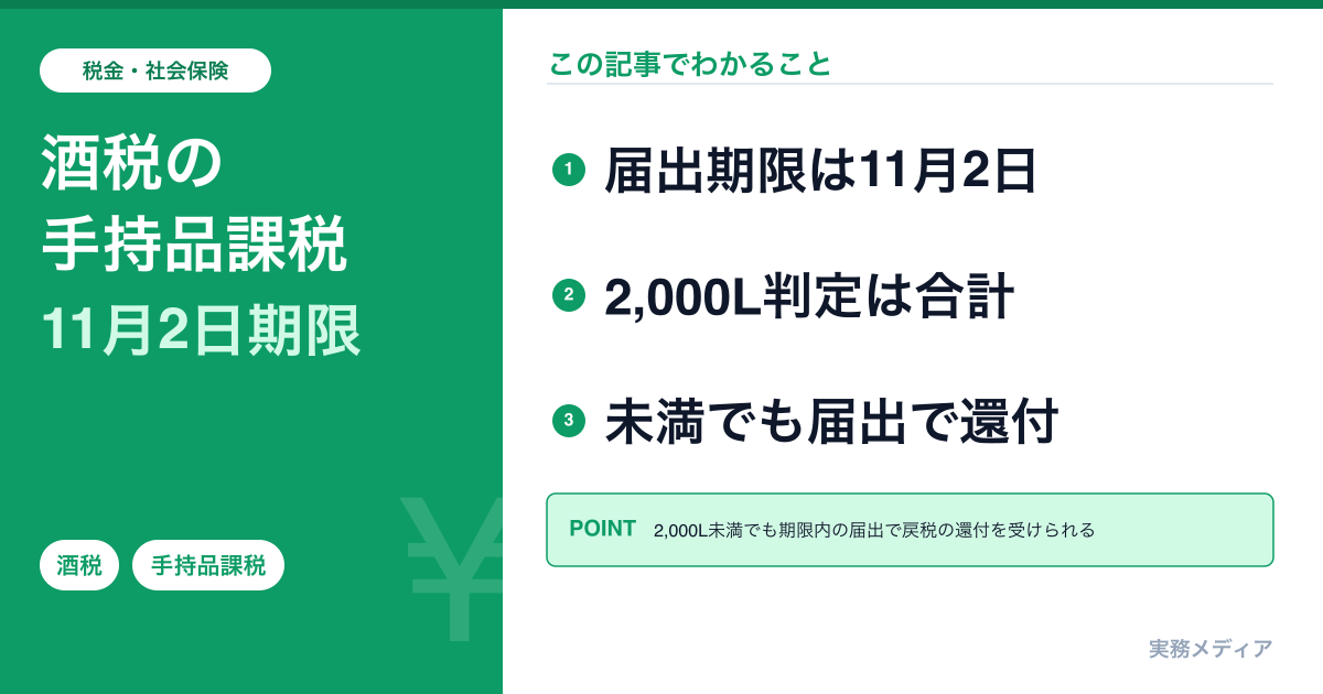 酒税の手持品課税（戻税）とは｜届出期限11月2日・2,000L判定・還付の条件【令和8年10月1日分】