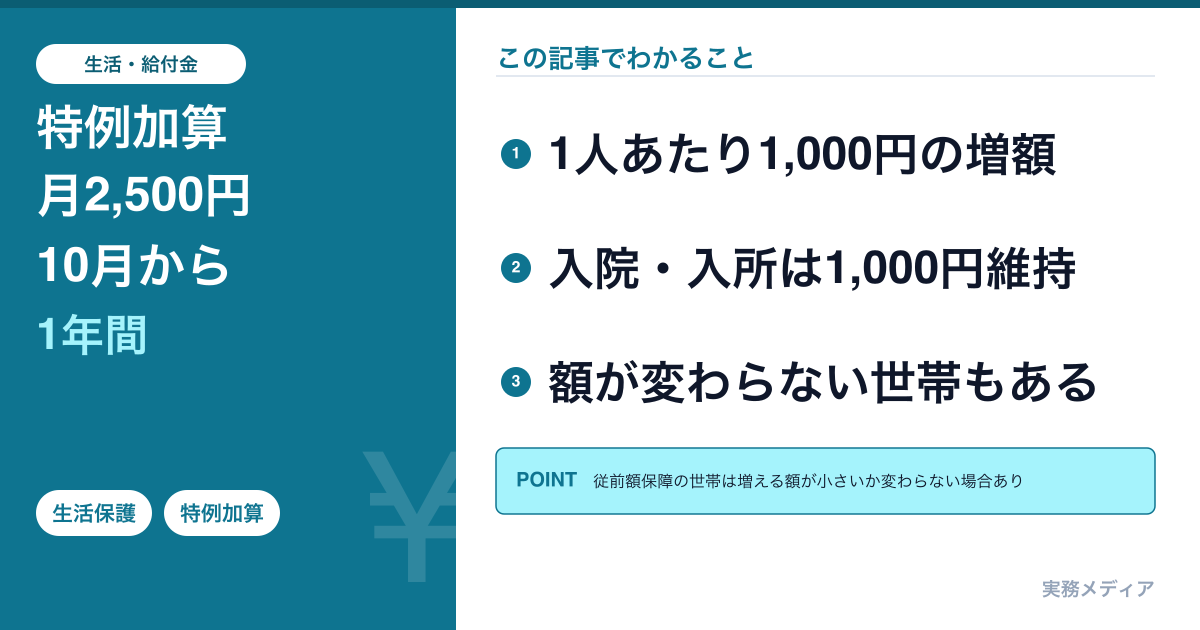 生活保護の特例加算が月2,500円に|令和8年10月から1年間・世帯別の支給額と従前額保障をわかりやすく解説