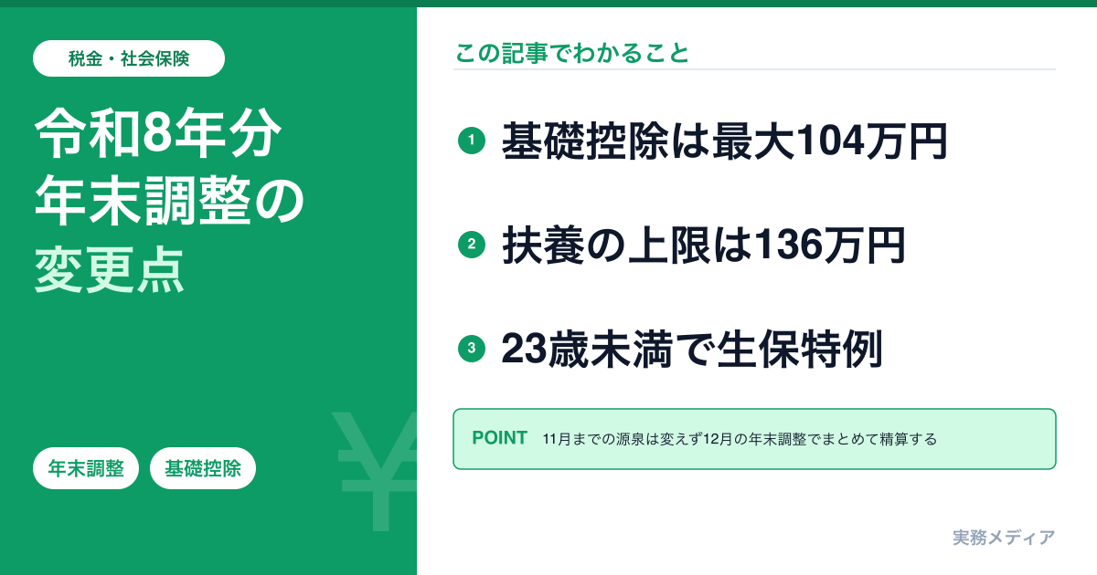 令和8年分 年末調整の変更点|基礎控除104万円・生保特例・通勤手当